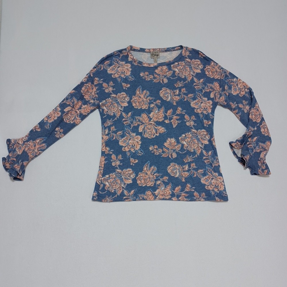 Como Vintage Woman Floral Print Flowy Soft Blue Blouse Shirt Size Small